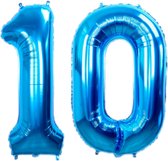 Folie Ballon Cijfer 10 Jaar Blauw Verjaardag Versiering Helium Cijfer Ballonnen Feest versiering Met Rietje - 86Cm