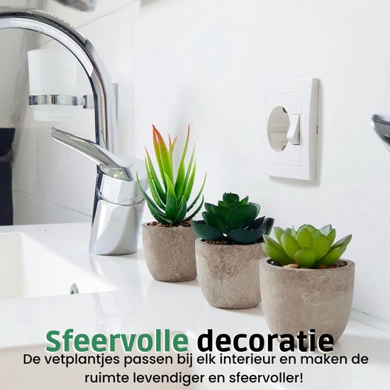 Drie kunstvetplantjes in lichte potjes op een aanrecht naast een kraan. "Sfeervolle decoratie, De vetplantjes passen bij elk interieur en maken de ruimte levendiger en sfeervoller!".