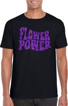 Zwart Flower Power t-shirt met paarse letters heren - Sixties/jaren 60 kleding L