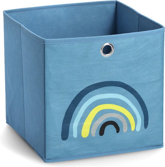 Boîte de rangement bleue ouverte avec un arc-en-ciel imprimé sur le devant.