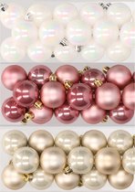 48x stuks kunststof kerstballen mix van parelmoer wit, oudroze en champagne 4 cm - Kerstversiering