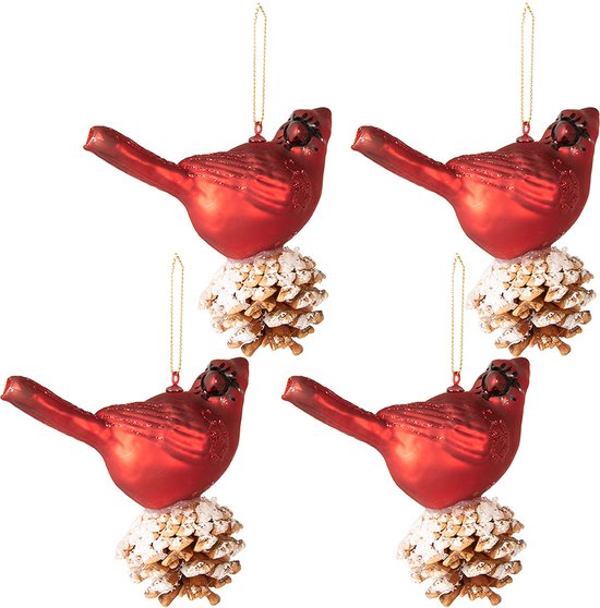 Clayre & Eef Kerstbal Set van 4 Vogel 11x6x12 cm Rood Wit Glas Kerstballen
