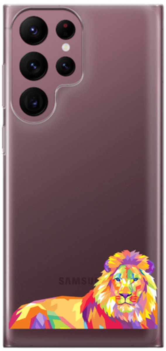 Telefoonhoesje geschikt voor Samsung Galaxy S22 Ultra - Transparant Siliconenhoesje - Flexibel en schokabsorberend - Dierencollectie - King of the Jungle - Oranje