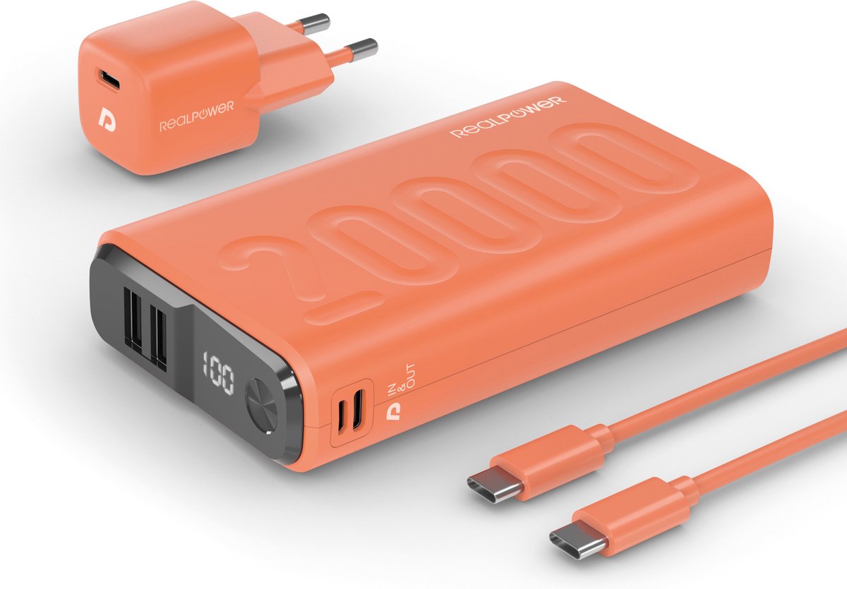 RealPower PB-20000 PD+ Powerpack complete oplaadkit - compacte 20.000 mAh powerbank - 1 x USB-C PD fast charge 2 x USB-A - nano USB-C PD 20W wandlader - USB-C naar USB-C kabel - Oranje