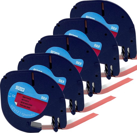 Vijf DULA labelrolletjes 91203, 12mm x 4m, rode plastic tape, zwarte inkt.