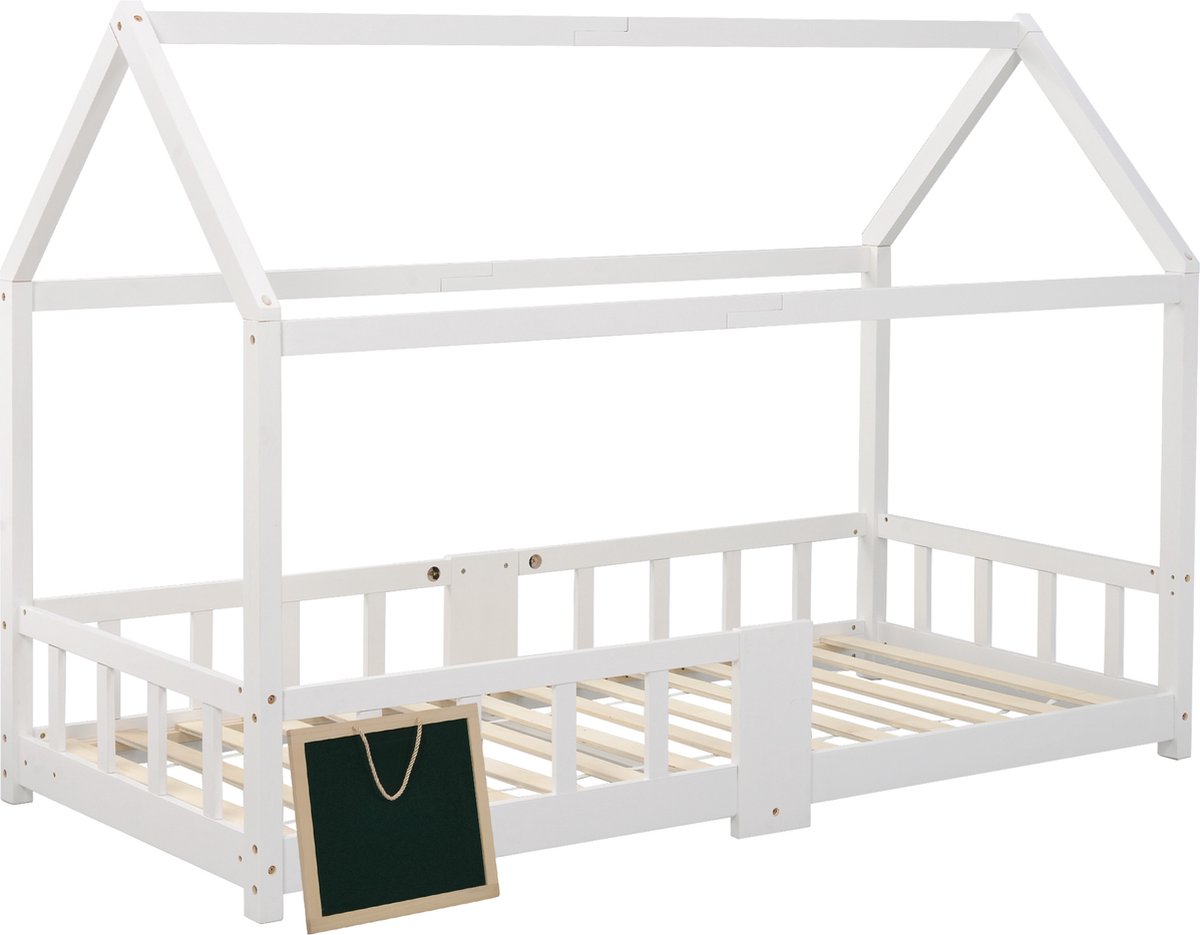Kinderbedhuis 90x200 cm- Huis Bedframes met grenenhouten dak en hek voor kinderen jongens meisjes- inclusief plank en lattenbodems- wit (zonder matras)