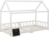Bol.com Kinderbedhuis 90x200 cm- Huis Bedframes met grenenhouten dak en hek voor kinderen jongens meisjes- inclusief plank en la... aanbieding