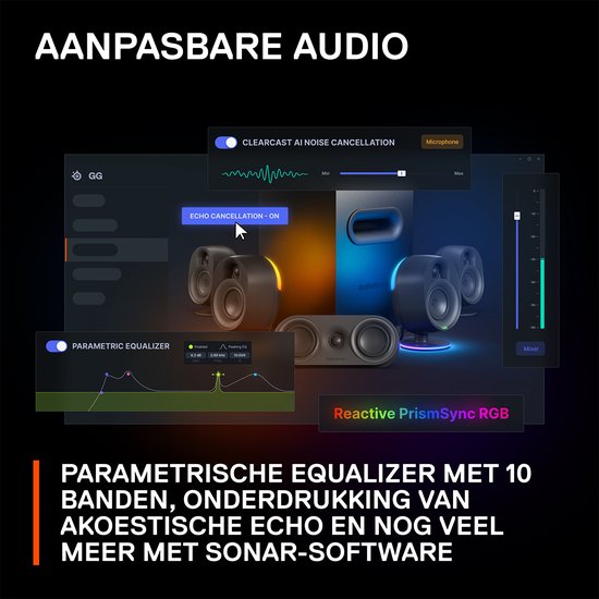 Screenshot van SteelSeries Sonar software met equalizer en echo-onderdrukking.