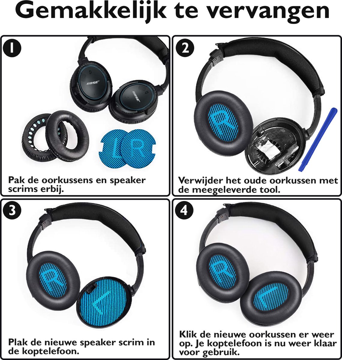 Set Oorkussens voor Bose Koptelefoon met installatie gereedschap - Zwart Blauw - QuietComfort 35 - QC35II - QC35 - QC25 - QC15 - QC2 - Soundtrue - Soundlink Around-Ear II AE2 – foto 5