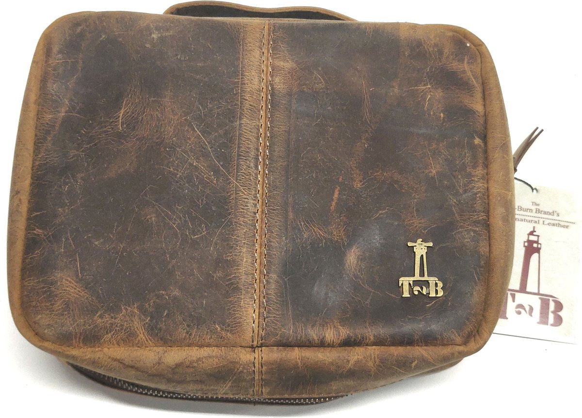 T-Burn Brands Luxe Lederen Hang-Up Toilettas -"Hunter Leder" -Bruin- Afmeting 24 x 8 x 18 cm.