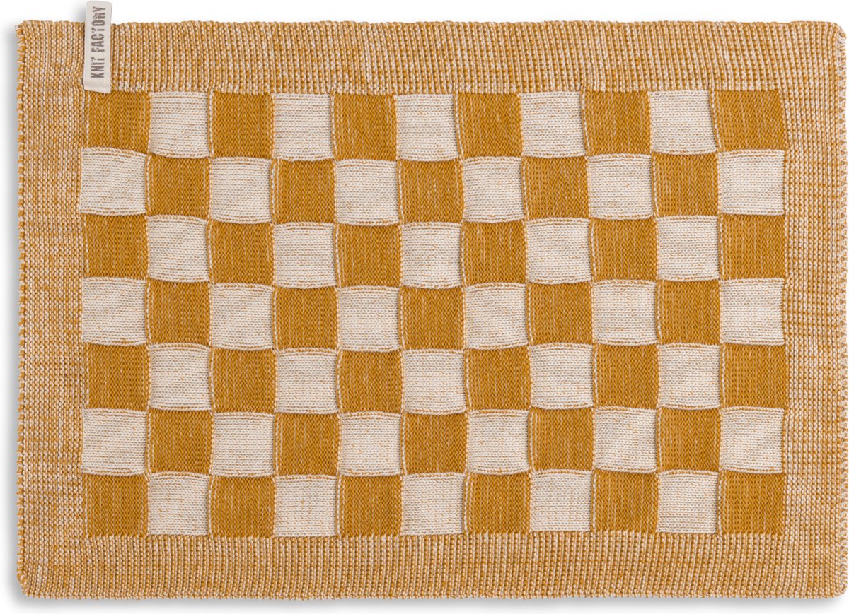 Knit Factory Gebreide Placemat - Onderlegger Block - Eetmat - Ecru/Oker - 50x30 cm