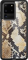 Casimoda® hoesje - Geschikt voor Samsung Galaxy S20 Ultra - Snake / Slangenprint bruin - Luxe Hard Case Zwart - Backcover telefoonhoesje - Goudkleurig