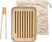 Broodplank inclusief Broodtang en Bewaarzak, Bamboe, 28 x 18 cm - Pebbly