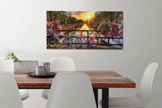 Peinture sur toile - Amsterdam - Vélo - Fleurs - Soleil - Rose - Salon - 80x40 cm - Peintures sur toile - Toile entoilée - Décoration murale