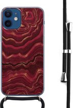 Hoesje met koord - Geschikt voor iPhone 12 Mini - Marmer rood agate - Verstelbaar zwart koord - Transparant - Print / Illustratie - Leuke Telefoonhoesjes