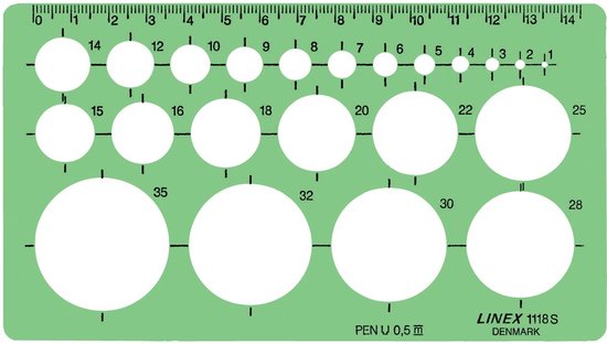 Foto: Linex cirkelsjabloon 1 35 mm met 22 cirkels en uitlijnmarkering