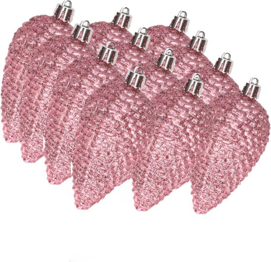 12x morceaux de pommes de pin à paillettes en plastique cintres de Noël rouge à lèvres rose 8 cm