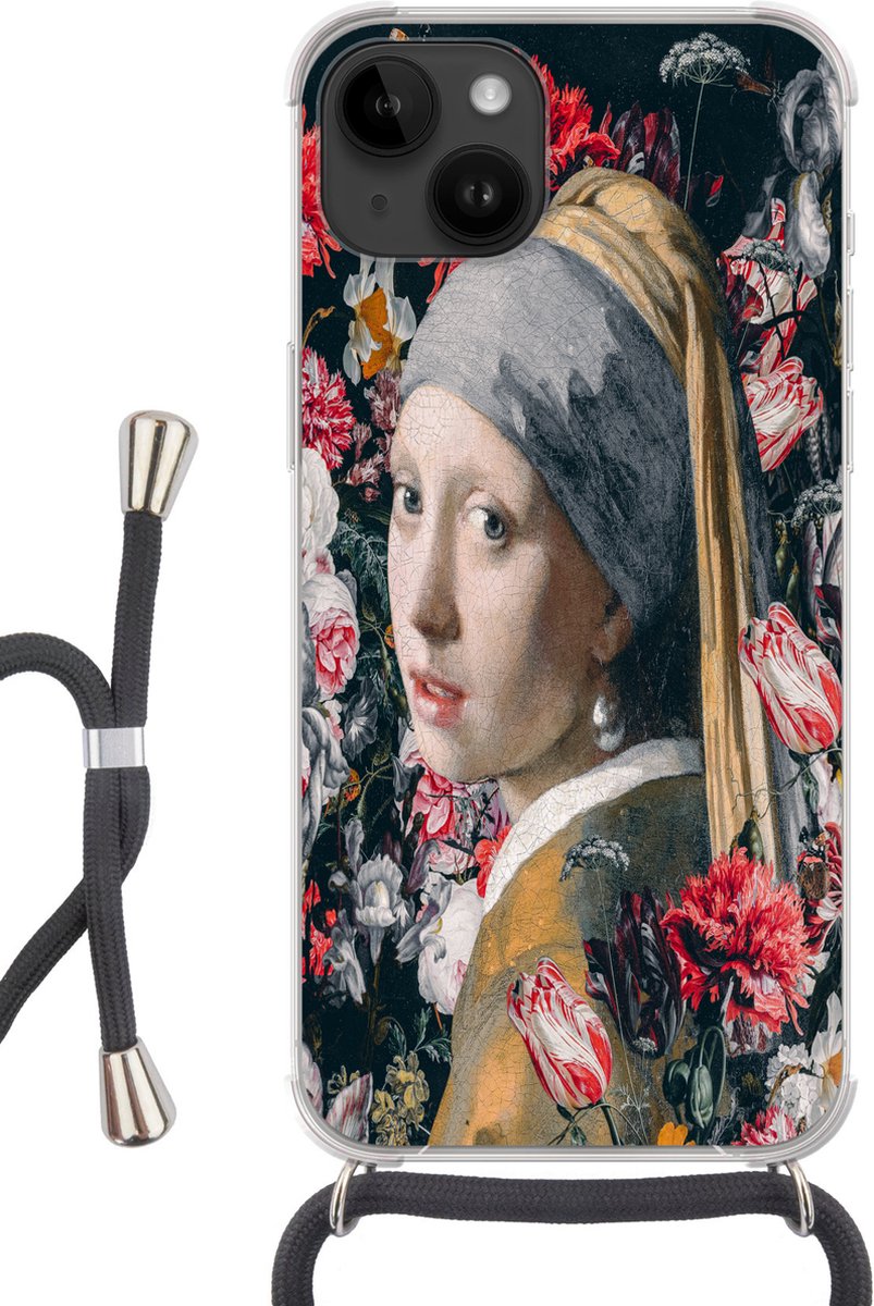 Telefoonhoesje Geschikt voor Apple Iphone 14 - Meisje met de parel - Bloemen - Vermeer - Siliconen - Crossbody - Backcover met Koord - Telefoonhoesje met koord - Hoesje met touw Telefoonhoesje