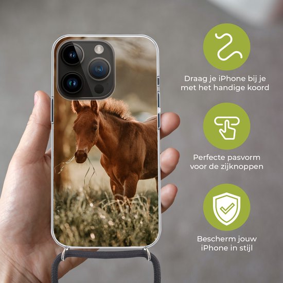 Étui de téléphone adapté à Apple iPhone 14 Pro - Cheval - Léger - Pâturage - Siliconen - Bandoulière - Coque arrière avec cordon - Étui de téléphone avec cordon - Étui avec corde Étui de téléphone