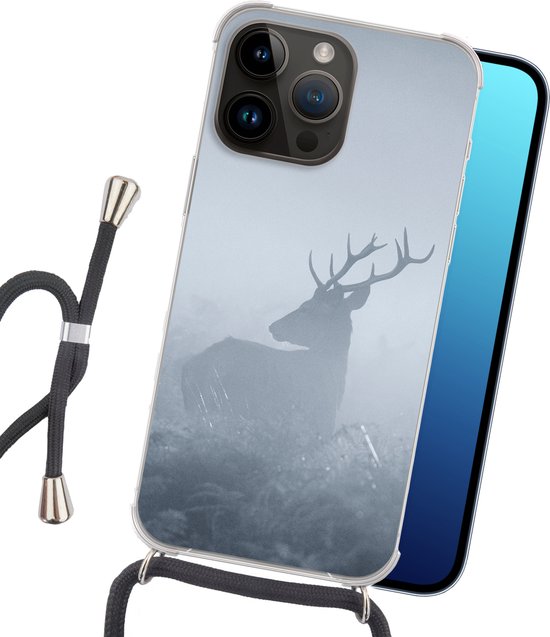Coque de téléphone compatible avec Apple iPhone 14 Pro - Cerf - Brume - Forêt - Siliconen - Bandoulière - Coque arrière avec cordon - Coque avec cordon - Coque avec corde