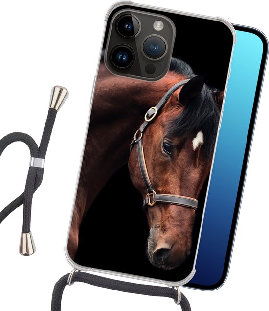 Étui de téléphone compatible avec Apple iPhone 14 Pro - Motif cheval - Léger - Licol - Siliconen - Bandoulière - Coque arrière avec cordon - Étui de téléphone avec cordon - Étui de téléphone avec corde