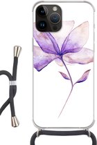 Geschikt voorApple Iphone 14 Pro Max - Crossbody Case - Bloemen - Waterverf - Paars - Siliconen - Crossbody - Backcover met Koord - Telefoonhoesje met koord - Hoesje met touw