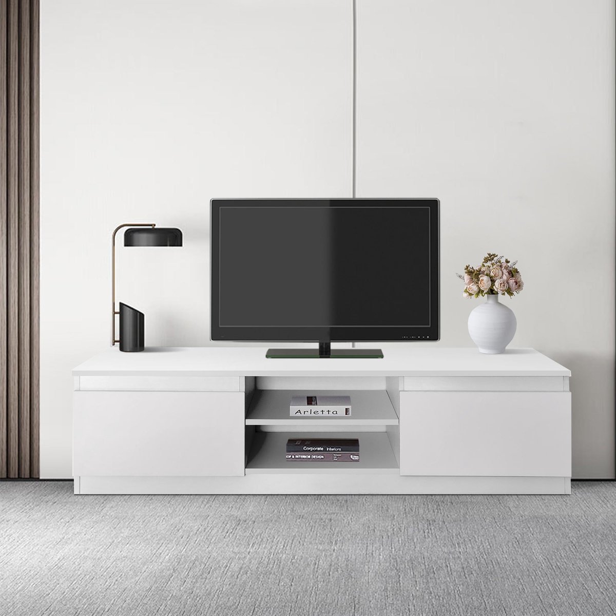 ML-Design Wooden TV Lowboard with LED Lighting and Glass Shelf for TV, Modern TV Table, 130x49x45 cm, White, Handle-Free Design, TV Cabinet TV Cabinet