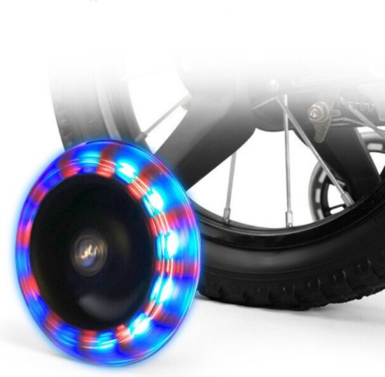 Een blauw-rood oplichtend zijwiel naast een fietswiel.