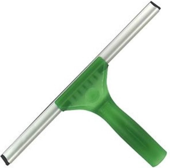 Groene Unger UniTec raamwisser met transparant groen handvat, metalen steel en rubberen lip, 30 cm breed.