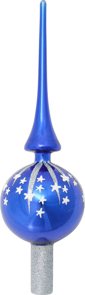 Krebs Gedecoreerde kerst piek - blauw - zilveren glitter sterren - 28 cm - glas - luxe kerstdecoratie