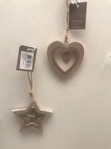 Set van 2 houten ornamenten ster & hart kersthangers 10cm