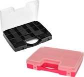 Forte Plastics - 2x opberg vakjesdoos/Sorteerboxen - 13-vaks kunststof - 27 x 20 x 3 cm - zwart en roze