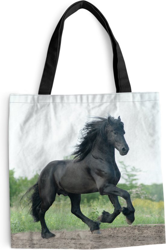 MuchoWow® Schoudertas - Strandtas - Big Shopper - Boodschappentas - Paard - Zwart - Natuur - 40x40 cm - Katoenen tas