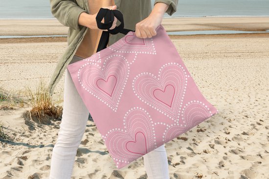 MuchoWow® Schoudertas - Strandtas - Big Shopper - Boodschappentas - Hartjes - Patronen - Roze - 40x40 cm - Katoenen tas