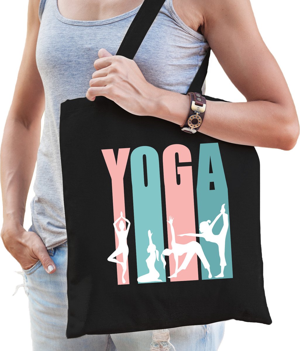 Yoga icons katoenen tas zwart voor volwassenen - verjaardag - kado / tasje / shopper