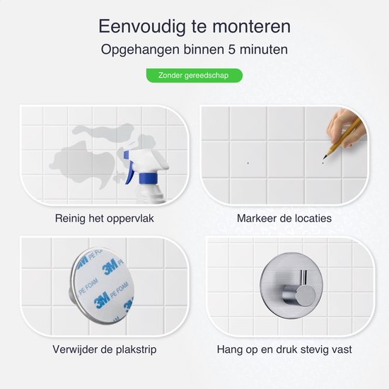 Stappenplan voor het monteren van een zilverkleurig EAVY haakje: reinigen, markeren, plakstrip verwijderen, ophangen.