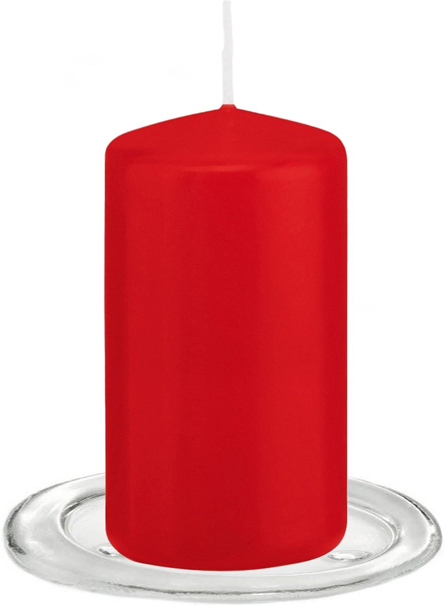 Trend Candles - Stompkaarsen met glazen onderzetters set van 2x stuks rood 6 x 12 cm