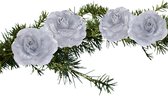 Kerstversiering bloemen/rozen - 9 cm - zilver - 4x stuks