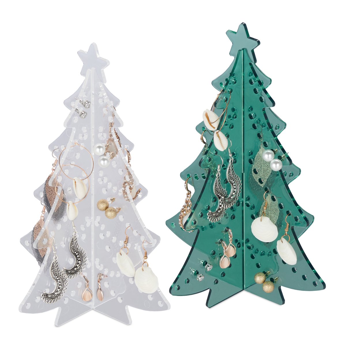 Relaxdays oorbellenrekje kerstboom - 2 stuks - sieradenboom - elk 124 gaatjes - kunststof