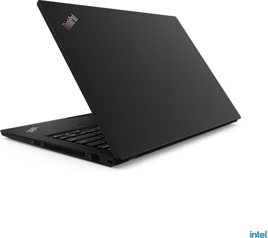 Zwarte Lenovo ThinkPad T14 laptop, deksel half open met ThinkPad logo.