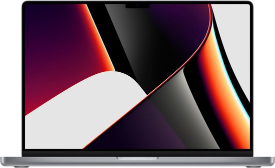 Gesloten zilverkleurige MacBook Pro met een kleurrijk, abstracte achtergrond op het scherm.