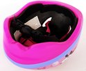 Binnenzijde van roze Minnie Mouse helm met verstelbare bandjes en hoofdband.