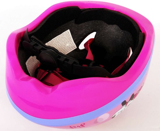 Binnenzijde van roze Minnie Mouse helm met verstelbare bandjes en hoofdband.