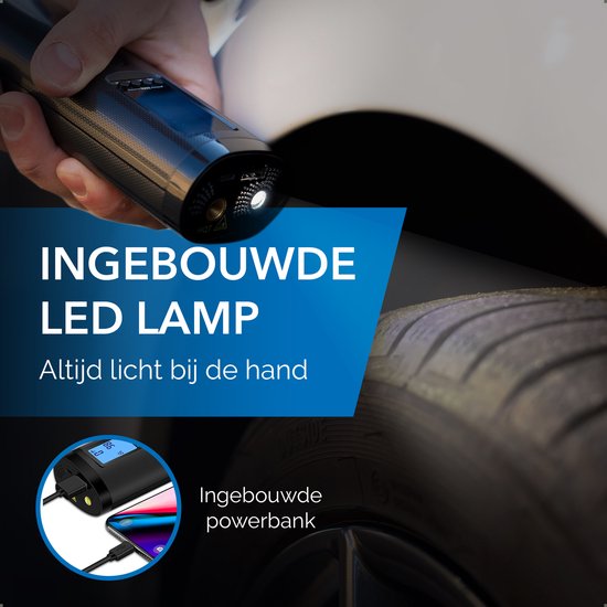 Zwarte Donrox compressor met ingebouwde LED-lamp en powerbank functie, die een autoband oppompt.