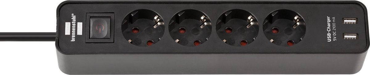 Ecolor stekkerdoos met USB 4-voudig zwart/zwart 1,5m H05VV-F 3G1,5 met schakelaar - Brennenstuhl