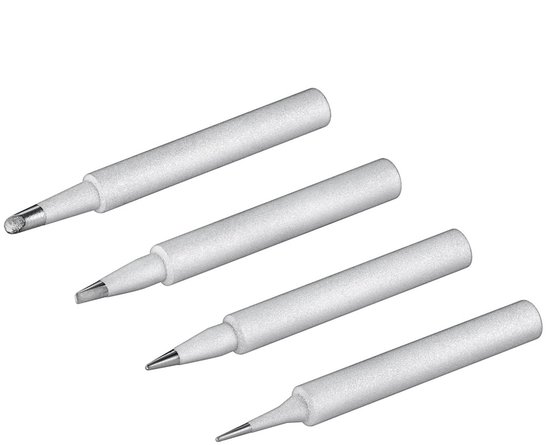 Vier zilverkleurige soldeertips, elk met een cilindrisch handvat en een metalen punt.