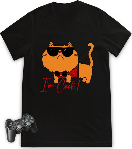 Jongens tshirt - grappige I'm Cool Cat print  - Maten 92 t/m 164 - Shirt kleuren wit en zwart.