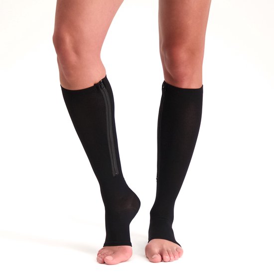 Steunkousen met rits - Compressiekousen - Compressie Sokken met Open Teen - Per Paar - Unisex - Zwart - S/M
