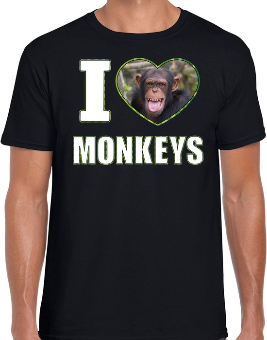 I love monkeys t-shirt met dieren foto van een Chimpansee aap zwart voor heren - cadeau shirt apen liefhebber XL