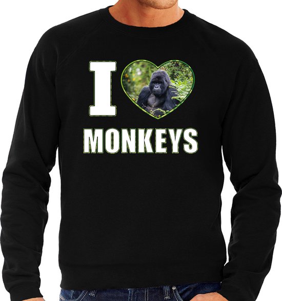 I love monkeys trui met dieren foto van een Gorilla aap zwart voor heren - cadeau sweater apen liefhebber L